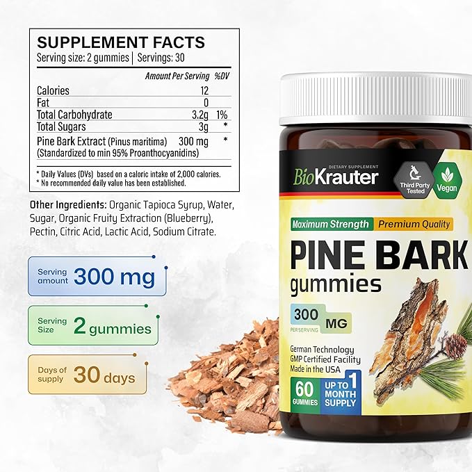 BIO KRAUTER® Pine Bark Extract for Skin & Antioxidant Support - French Maritime Pine Bark Gummies 300 mg for Clear Skin - 90 Gummies, 45-Day Supply - Non-GMO, Blueberry Flavor