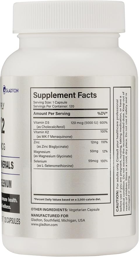 Vitamin D3 + K2 Complex with Zinc, Magnesium & Selenium | Immune, Heart, Bone, Energy & Stress Support | Relaxation & Sleep Aid | 5000 IU D3 + MK-7