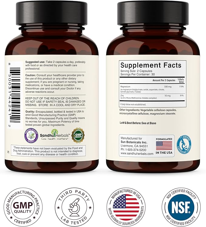 Complete Magnesium Complex 500mg for Women & Men | 60 Capsules | 6 in 1 Mag Supplement with Zinc | Quality Sleep & Muscle Health | Glycinate, Citrate, Malate, Oxide, Aspartate, Lysinate Glycinate