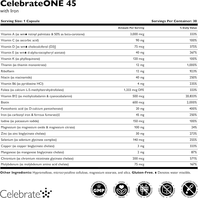 Celebrate Vitamins CelebrateONE 45, 45mg Iron - Once Daily Bariatric Multivitamin, Essential Vitamins & Minerals - Gastric Bypass & Sleeve Gastrectomy Supplement (90 Capsules)