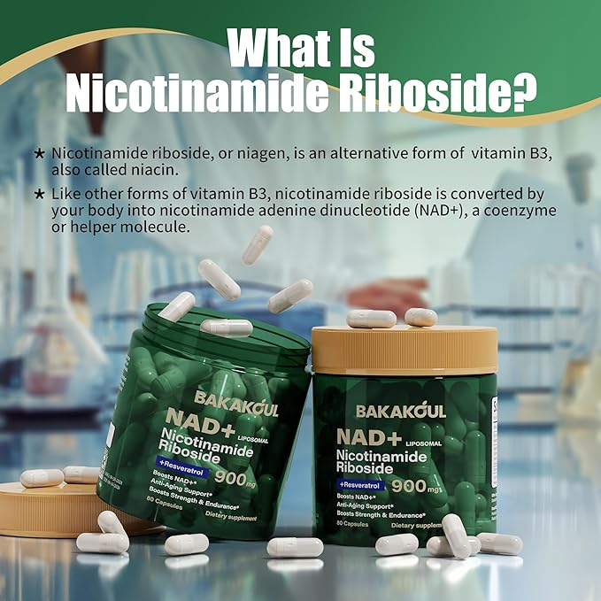 BAKAKOUL NAD Supplement - Liposomal Nicotinamide Riboside, Resveratrol, Quercetin, NAD Nicotinamide Riboside Resveratrol 900mg, NAD+ Supplement for Men and Women, 80 Capsules 1 Pack