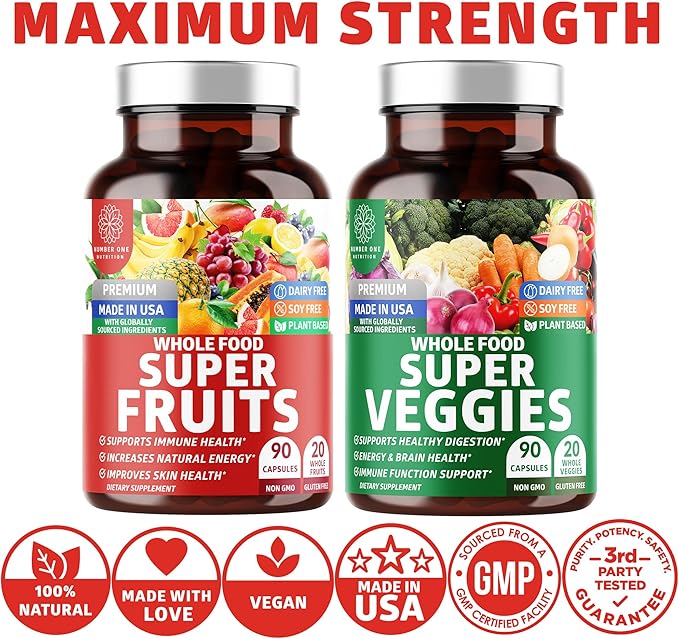Number One Nutrition N1N Premium D-Mannose with Cranberry & Hibiscus [1350mg], 120 Capsules, and Super Fruits & Veggies Whole Food Supplement, 180 Capsules, 2 Pack Bundle