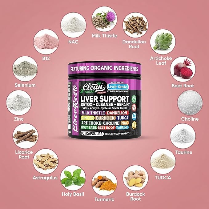 Clean Nutraceuticals Liver Cleanse Detox & Repair | Milk Thistle Supplement + NAC, TUDCA, Dandelion Root, Artichoke, Choline, Ginger, Beet Root, Burdock, Taurine, Liver Support 90 Capsules