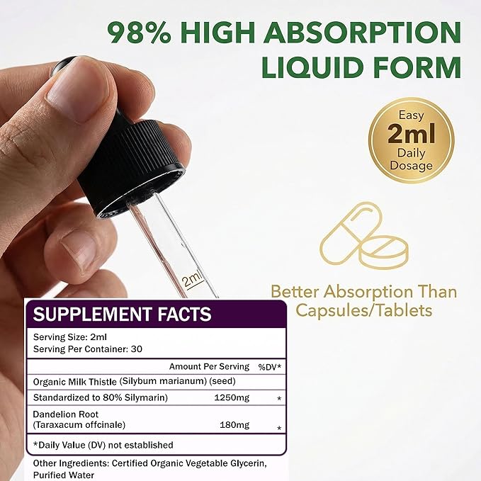 Organic Milk Thistle Liquid Drops with Dandelion Liquid, 80% Silymarin, 98% High Absorption, Liver Support, Vegan Gluten-Free GMO-Free, Extra Strength, 2 fl oz