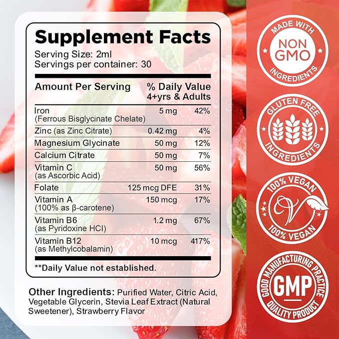 2 Pack Liquid Iron Supplement for Kids & Women Men - with Magnesium, Zinc & Kids Multivitamin Iron Drops - Immune, Blood Builder & Energy Support for Iron Deficiency, Anemia