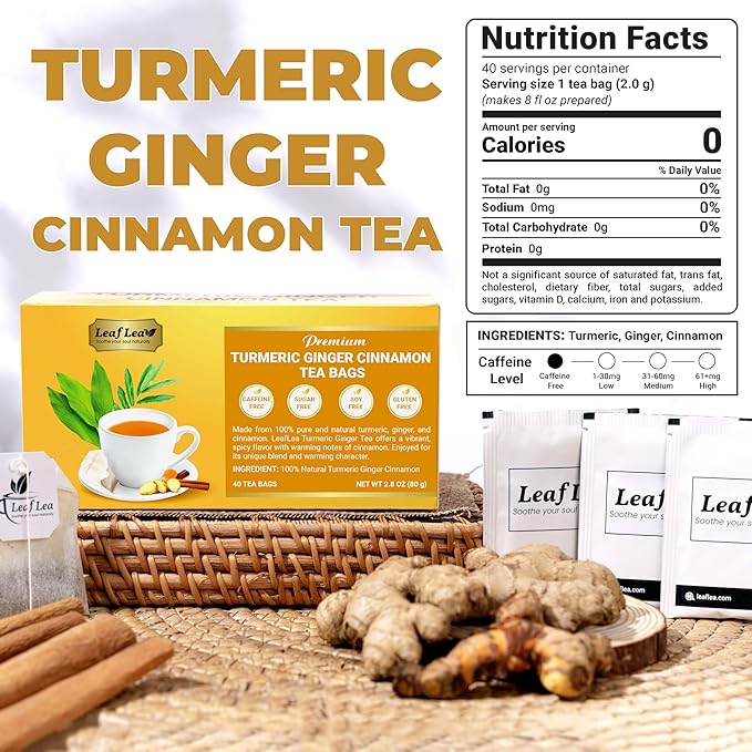 LeafLea 240 Turmeric Ginger Tea Bags, 100% Natural Herbal Blend with Cinnamon, Supports Digestion and Immune Health, Warm and Spicy Flavor, Sugar-Free, Caffeine-Free, Non-GMO, Pack of 6