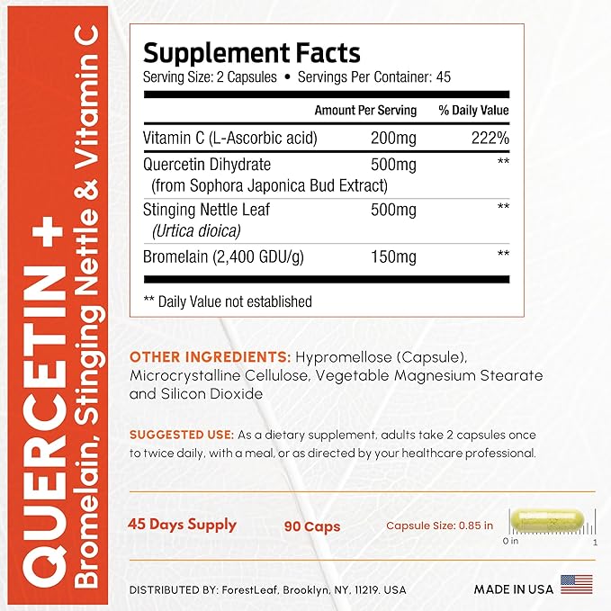 ForestLeaf Quercetin with Bromelain 1350mg - Blend with Vitamin C & Stinging Nettle Supplement, Quercetin 500mg Capsules, Non-GMO Gluten Free, Natural Function, 90 Veggie Caps