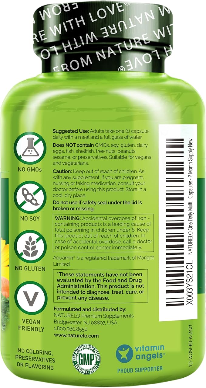NATURELO One Daily Multivitamin for Women w/Vitamin B12, 60 Ct, Energy Support, Whole Food Daily Women Multivitamin Supplement, Nourish Hair/Skin/Nail, Non-GMO, No Soy, Gluten Free, 2 Month Supply
