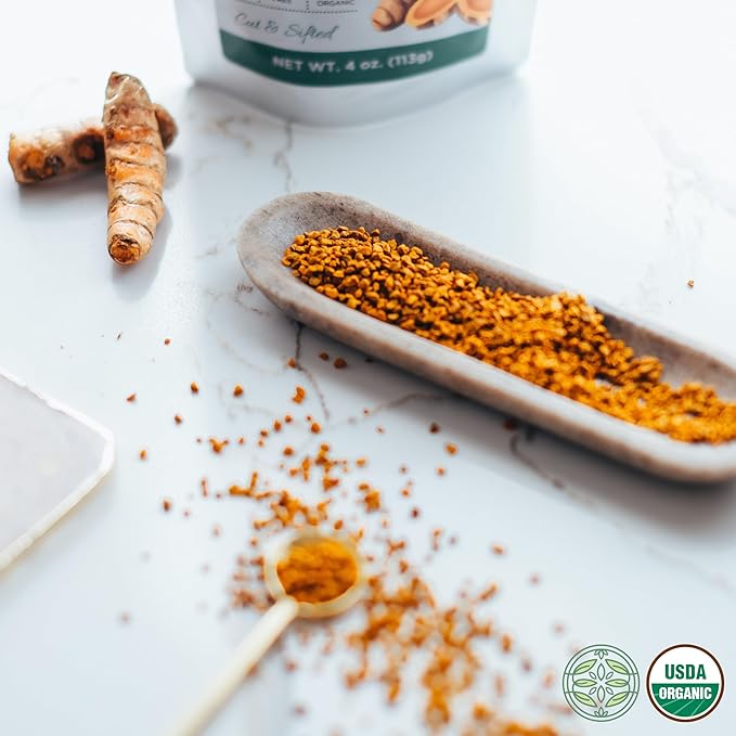Organic Turmeric Root 4 oz (113g), USDA Certified Organic Dried Turmeric Root Herb Tea, Tumeric, Cut and Sifted