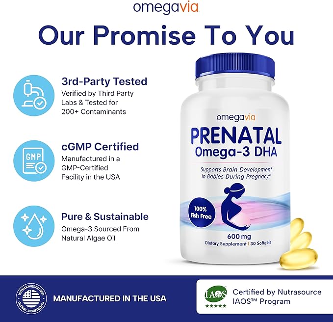 OmegaVia Prenatal DHA 600mg | Fish-Free Omega-3 Supplement | Supports Baby’s Brain, Eye & Nervous System Development | Safe for Pregnancy & Lactation | 30 Easy-to-Swallow Softgels