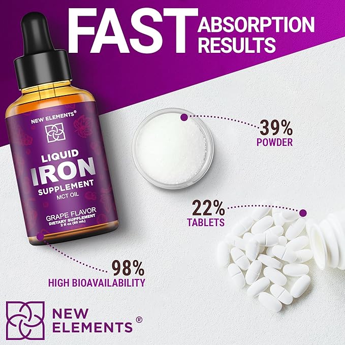 Iron Supplement for Women & Men Free Blood Builder, Iron Vitamin for Anemia | Liquid Iron Drops for Adults with MCT Oil, Natural Grape Flavor, Faster Absorption & Immune Support (2 Fl Oz)