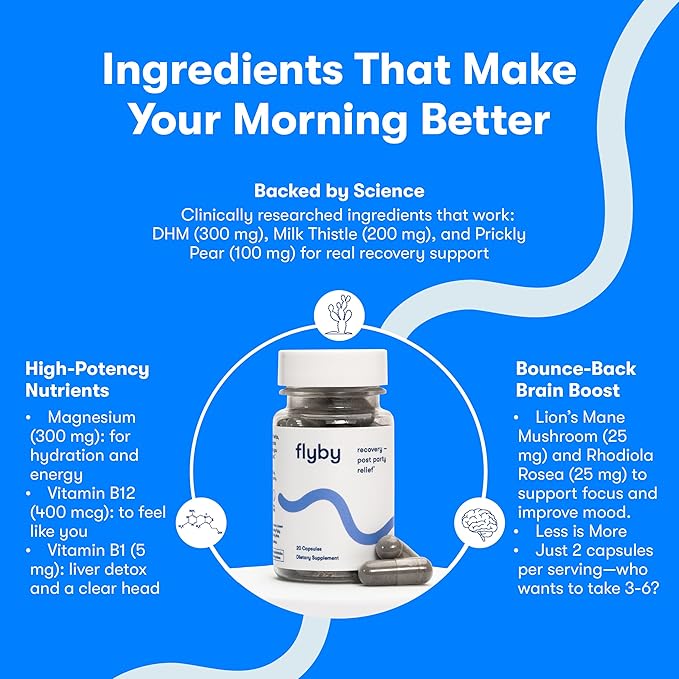 Flyby Recovery Supplement - All The Hang, Without The Over!™ - with DHM, Milk Thistle, Vitamin C, Activated Charcoal, and Apple Cider Vinegar - Pre & Post Drinking Formula (80 Count)
