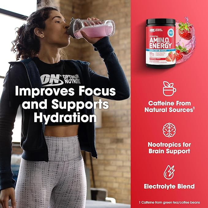Optimum Nutrition Amino Energy Powder Plus Focus, with BCAA, Electrolytes, and Caffeine, Juicy Strawberry, 30 Servings (Packaging May Vary) (Pack of 6)