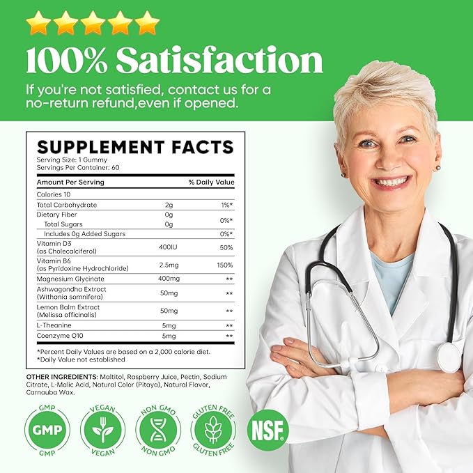 60 Day Supply Magnesium Glycinate 400mg Gummies with Ashwagandha, L-Theanine, CoQ10, Vitamin D3 & B6, Sugar Free Magnesium Gummies for Adults & Kids, Stress Relief, Sleep & Calm, Vegan, Gluten Free