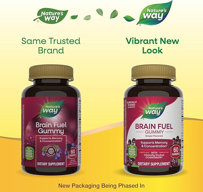 Nature's Way Brain Fuel, Supports Memory and Concentration*, Brain Function Support Supplement*, Clinically Studied Cognigrape®, Grape Flavored, 60 Gummies,(Pack of 2)