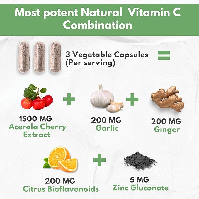 Natural Vitamin C from Organic Acerola Cherry - High Absorption - with Garlic Ginger & Citrus Bioflavonoids - Immune System & Collagen Booster - Anti Aging Skin Vitamins