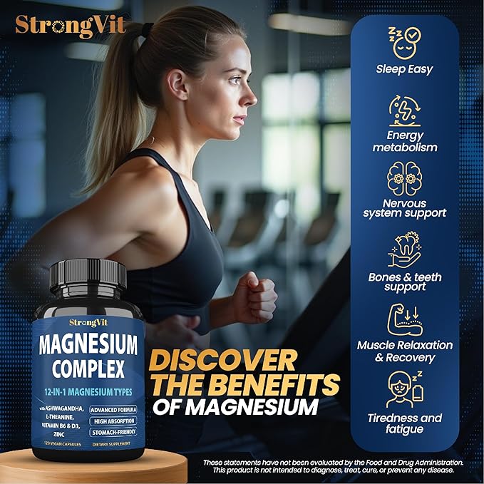 1000mg Magnesium Complex for Women and Men, 12 in 1 Magnesium Supplement with Ashwagandha, Zinc, D3, L-theanine. Easy to Swallow, High Absorption, Sleep Support & Stress Relief (120 Capsules)