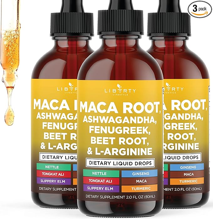 Organic Maca Root Liquid Drops with Ashwagandha, Nettle, Fenugreek, Beet Root and L-Arginine Liquid Multivitamin for Women and Men - 6oz