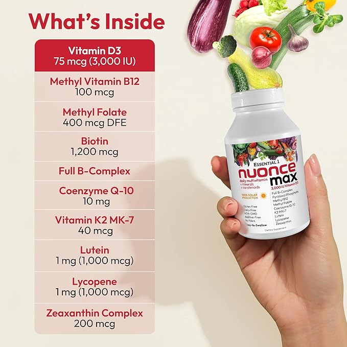 ANDREW LESSMAN Essential-1 nuonce max Multivitamin 3000 IU Vitamin D3 30 Small Capsules. 100 mcg Methyl B12. CoQ10 Lutein Lycopene Zeaxanthin. High Potency. No Additives. Ultra-Mild One Daily Capsule