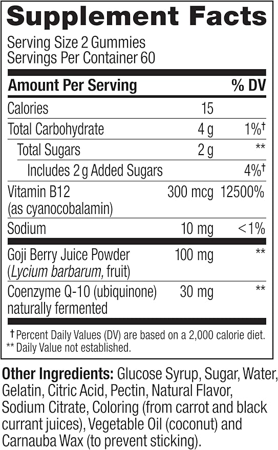 OLLY Daily Energy Gummy, Caffeine Free Cellular Energy Production,* Vitamin B12, CoQ10, Goji Berry, Adult Chewable Supplement, Tropical Passion Flavored, 60 Day Supply - 120 Count