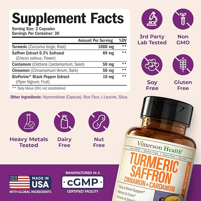 Saffron Supplements – 89mg Saffron Extract, 1000mg Turmeric Curcumin, Ceylon Cinnamon & Cardamom – Daily Mood, Joint & Metabolic Support – Joint Supplements for Women & Men – 60 Capsules