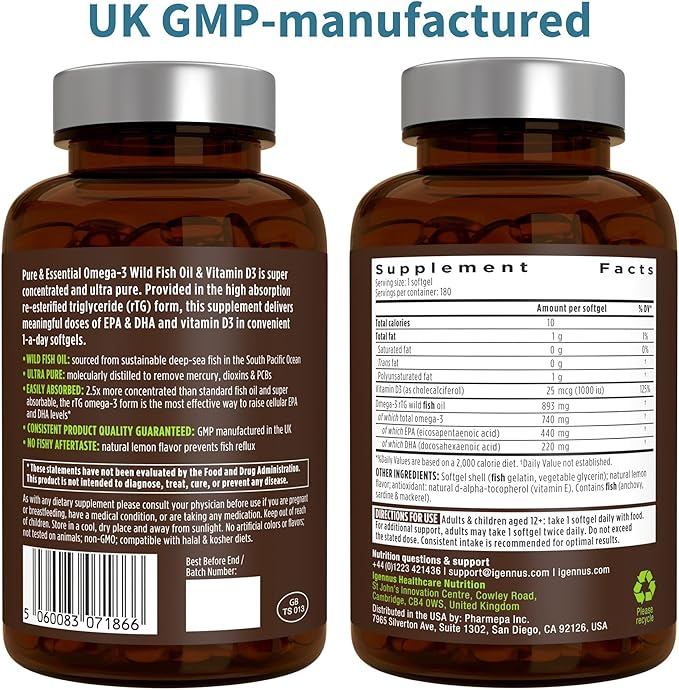 Igennus Advanced rTG Omega-3 IFOS Certified Wild Fish Oil & Vitamin D3, 1-a-Day, Fatty Acids EPA & DHA, Fast-Acting Triglyceride Form, Ultra Pure & Non-GMO, 180 Softgels