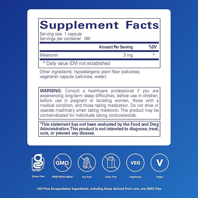 Pure Encapsulations Melatonin 3 mg - Antioxidant Supplement to Support Natural Sleeping & Relief of Occasional Sleeplessness - for Natural Sleep Support* - 180 Capsules