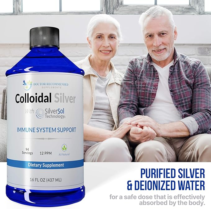 Colloidal Silver Liquid - 12 PPM Premium Silver Solution, 60 MCG Per Serving, All Natural, Vegan Immune System Support, Ionic Silver Water Daily Mineral Supplement 16 Fl oz, 96 Servings