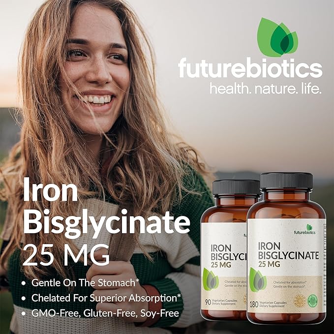 Futurebiotics Iron Bisglycinate 25mg Gentle on The Stomach, Supports Energy & Healthy Red Blood Cell Production - Non-Constipating Formula - Non GMO, 90 Vegetarian Capsules