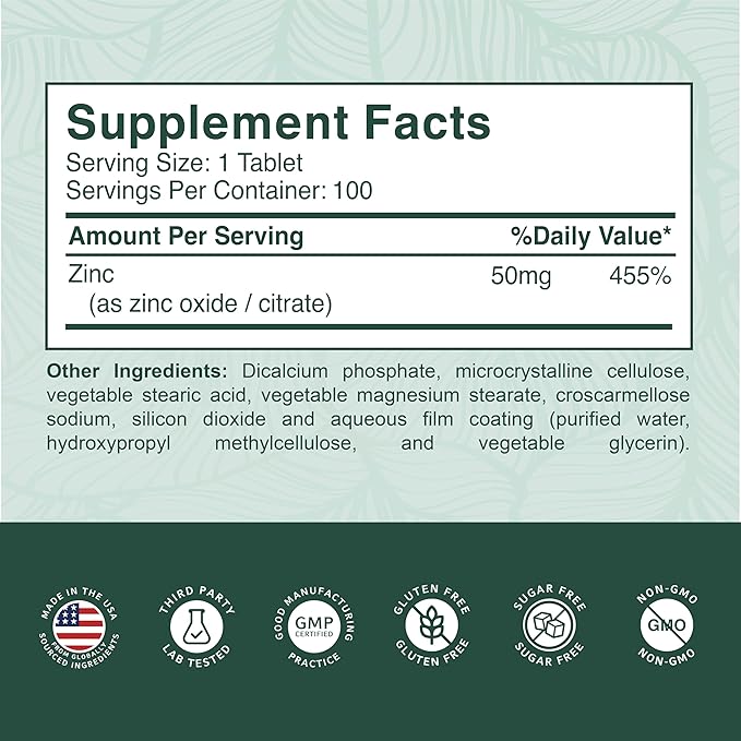 PurePremium Natural Zinc 50mg Supplements for Men/Women - GMP-Certified High Potency Vitamin Zinc Citrate/Oxide for Adults, Immune Antioxidant, Energy Support - 100 Tablets