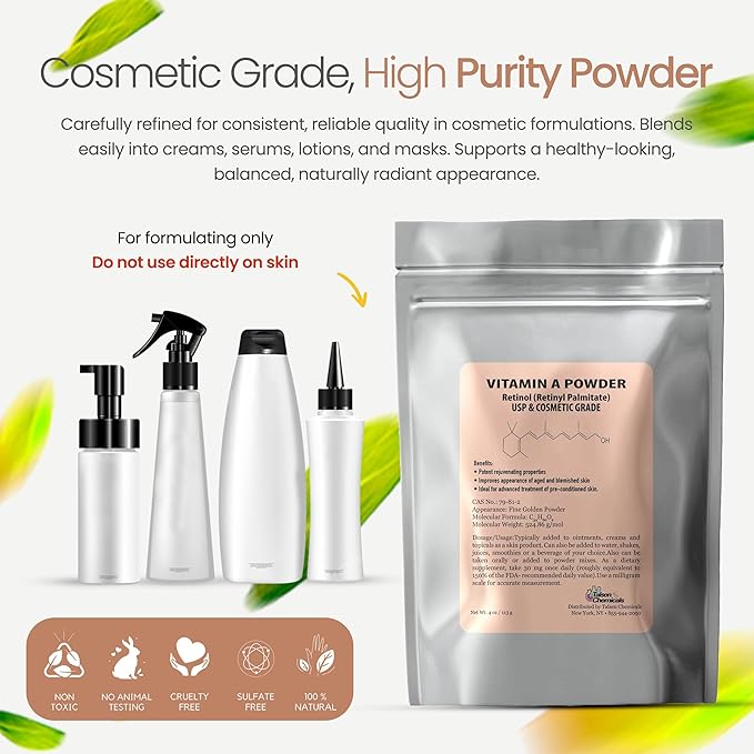 Vitamin A Powder Retinyl Palmitate, Pure Retinol Powdered Vitamin Water Soluble Vitamin A USP & Cosmetic Grade (4 oz. / 113 Grams)