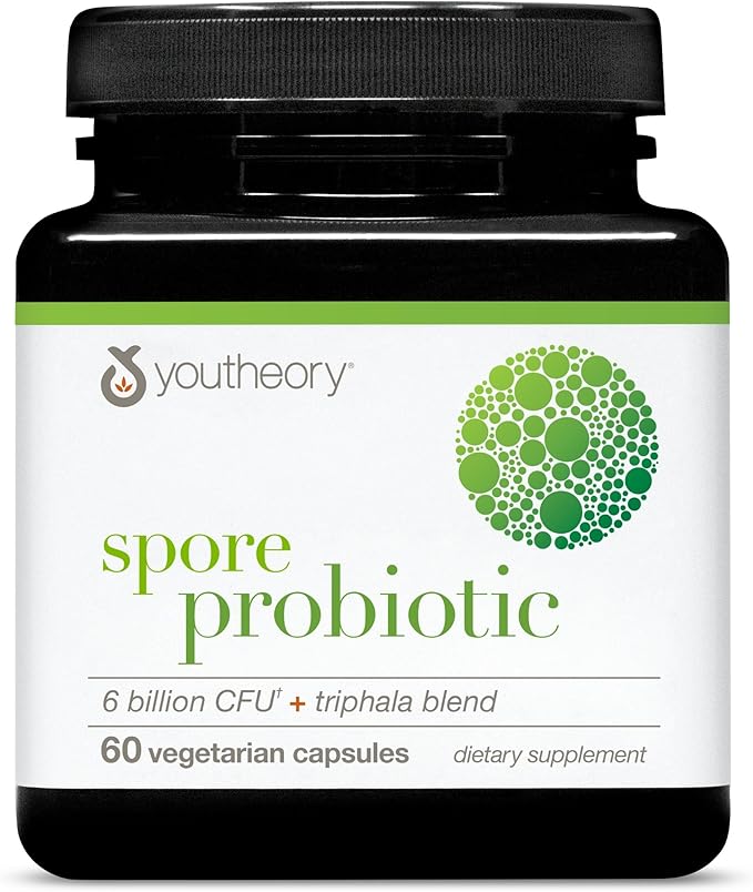 Youtheory Spore Probiotic - Helps Gut Health* - 6 Billion CFU with Prebiotics - Supports Regular Bowel Movement & Diarrhea Relief* - Shelf Stable - 60 Vegetarian Capsules (30-Day Supply)