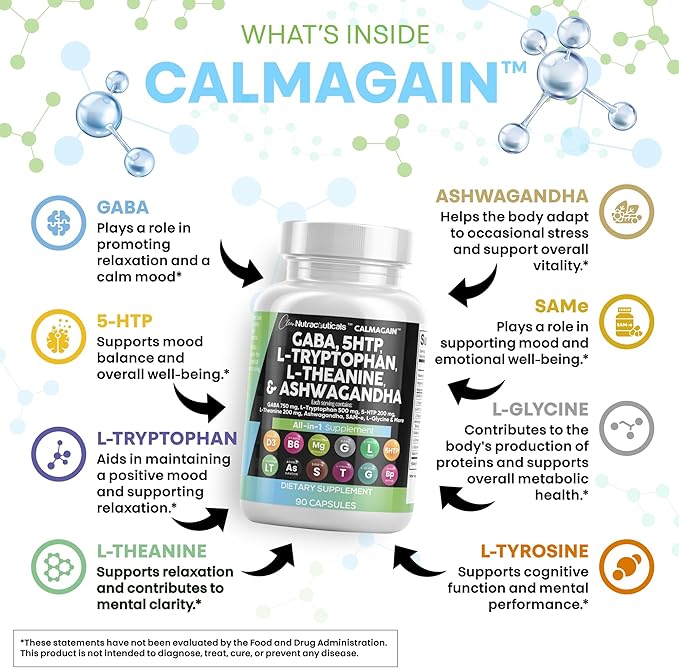 Clean Nutraceuticals GABA 750mg 5 HTP 200mg L Tryptophan 500mg L Theanine 200mg Ashwagandha SAM-e L-Glycine - Mood Support Vitamins for Women and Men with L-Tyrosine (90 Count (Pack of 5))
