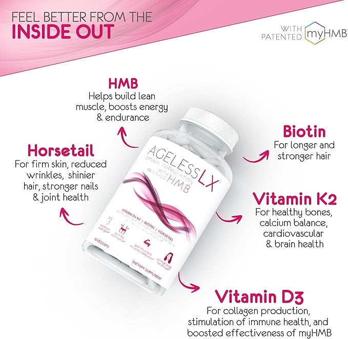 AgelessLX HMB Supplements for Women - Collagen Enhancer Capsules - Anti-Aging for 40 + Lean Muscle Builder - Biotin, Vitamin D3 K2 Supplement for Youthful Skin - 60 Servings