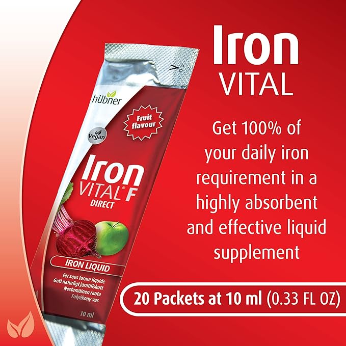 hübner Iron Vital Liquid Iron Supply Plus Vitamin C, Dietary Supplement for Adults and Kids, Vegan and Gluten-Free, Fruit Flavor, Box of 20 Packets, 10 ml Each