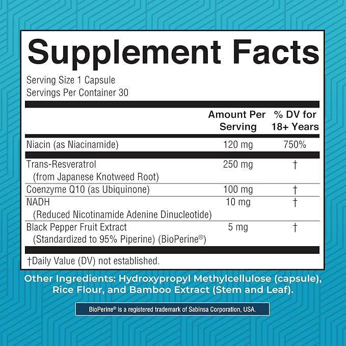 MARYRUTH'S NADH Capsules | Niacin | NAD+ Precursor | Trans-Resveratrol | CoQ10 | Cellular Energy | Energy Metabolism | Cognitive Function | Vegan | Gluten-Free | 1 Capsule Daily | 30 Servings