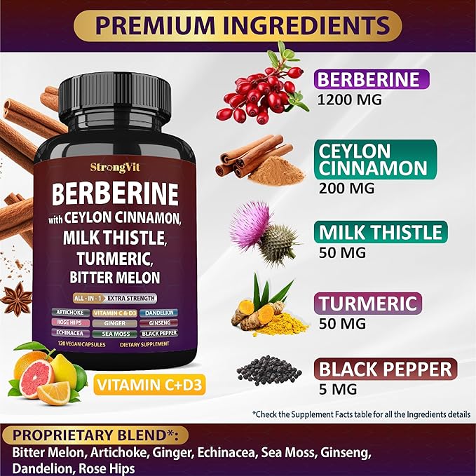 Berberine with Ceylon Cinnamon Supplement, Milk Thistle, Turmeric, Bitter Melon for Digestion, Immunity. Organic Complex for Men & Women, Non-GMO, Gluten-Free, Vegan, USA (120 Capsules)