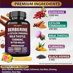 Berberine with Ceylon Cinnamon Supplement, Milk Thistle, Turmeric, Bitter Melon for Digestion, Immunity. Organic Complex for Men & Women, Non-GMO, Gluten-Free, Vegan, USA (120 Capsules)