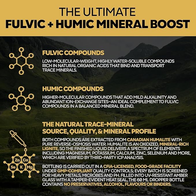 Fulvic + Humic Trace Mineral Drops, 3:1 Humic-Fulvic Blend | Water-Extracted from Canadian Humalite | 60 mL Amber Dropper | Third-Party Tested, No Preservatives/Fillers | GMP & ISO Verified