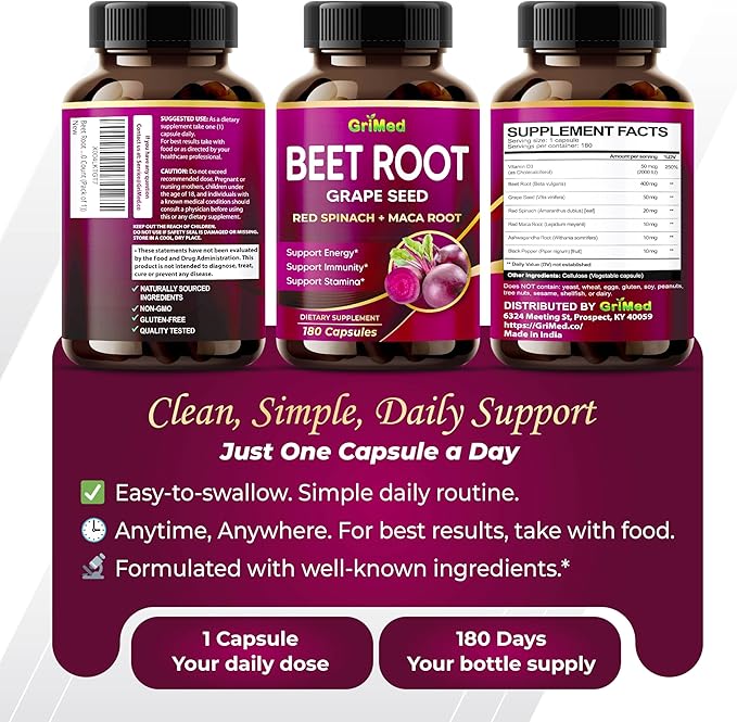 GriMed Beet Root with Grape Seed Extract, Maca Root, Red Spinach & Ashwagandha – 180 Vegetable Capsules