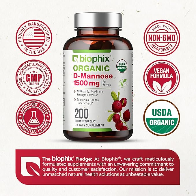 biophix D-Mannose USDA Organic 1500 mg 200 Veggie Caps - Supports a Healthy Bladder Urinary Tract, Non-GMO, Vegan-Friendly