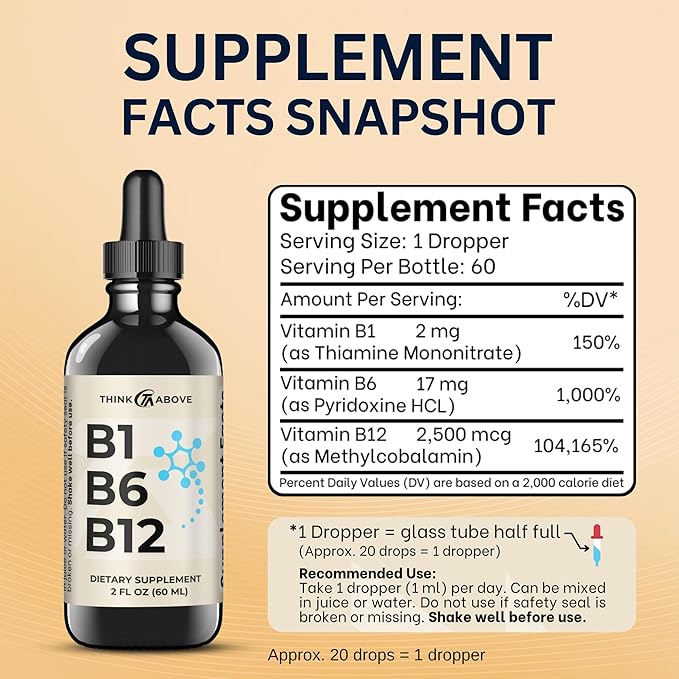 B1 B6 B12 Vitamin Liquid Drops - Nerve, Energy, Brain Support Supplement - Fruity-Like Flavor - Methylcobalamin, Thiamine, Pyridoxine (2)