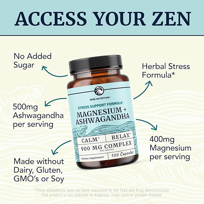 Magnesium Ashwagandha | Calming Magnesium Supplement for Adults | Relax, Rest, Calm Mood & Sleep Support | Mag Citrate & Oxide 400 mg + Ashwagandha 500 mg | Muscle Health & Stress Relief | 120 Ct