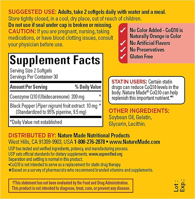 Nature Made CoQ10 200mg per Serving with Black Pepper Extract for Enhanced Nutrient Absorption, CoQ10 Supplement for Heart Health Support, 60 Softgels, 30 Day Supply
