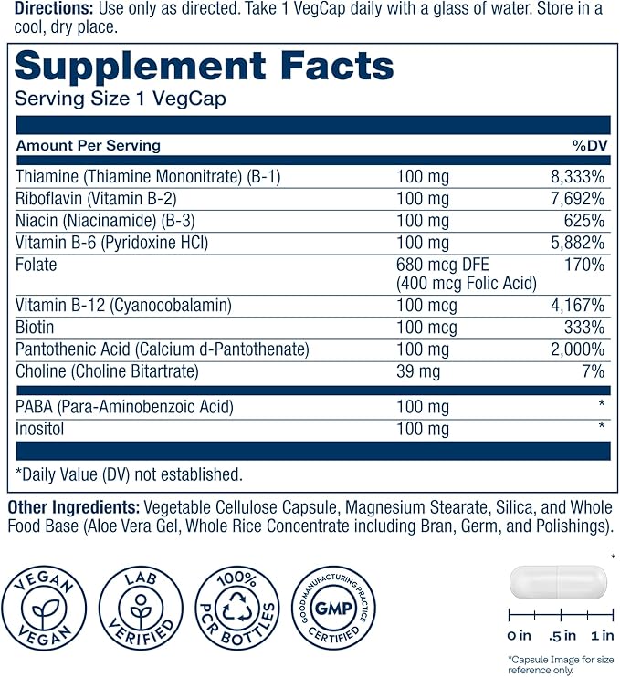 SOLARAY Vitamin B Complex 100mg - Cellular Energy, Nerve and Heart Health Support - Supplies All 8 B Complex Vitamins - Vitamin B12, B1, B2, B3, B6, Niacin, Folic Acid and Biotin - Vegan, 100 Servings