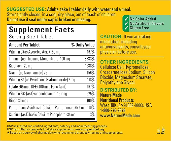 Nature Made Super B Complex with Vitamin C & Folic Acid, B Complex Vitamins for Women and Men, Dietary Supplement for Immune Support, 140 Tablets, 140 Day Supply