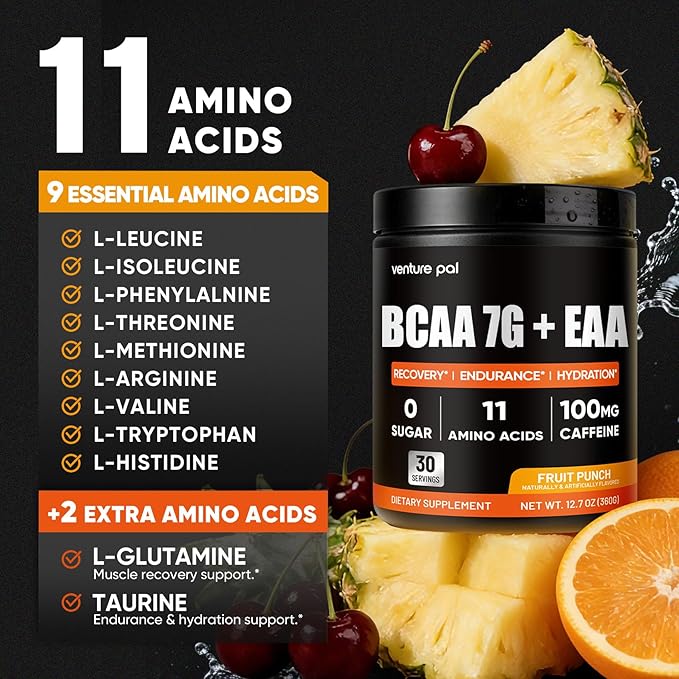 Sugar Free 7g BCAA + EAA Powder | Supports Muscle Recovery, Growth, Strength & Endurance – 9 Essential Amino Acids with L-Glutamine, Caffeine, Vitamin & Electrolyte for Energy & Hydration, Gluten Free