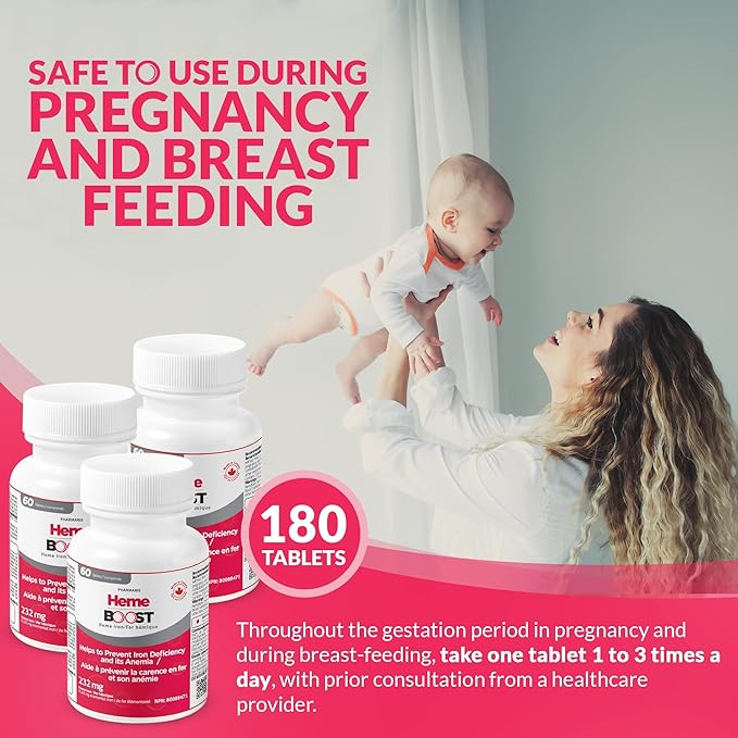 Hemeboost 11.6 mg (232 mg Heme Iron Pills), High Potency Iron Supplement for Women & Men, High Absorption & Gentle on Stomach, Safe for Use in Pregnancy, 180 Tablets (Pack of 3)