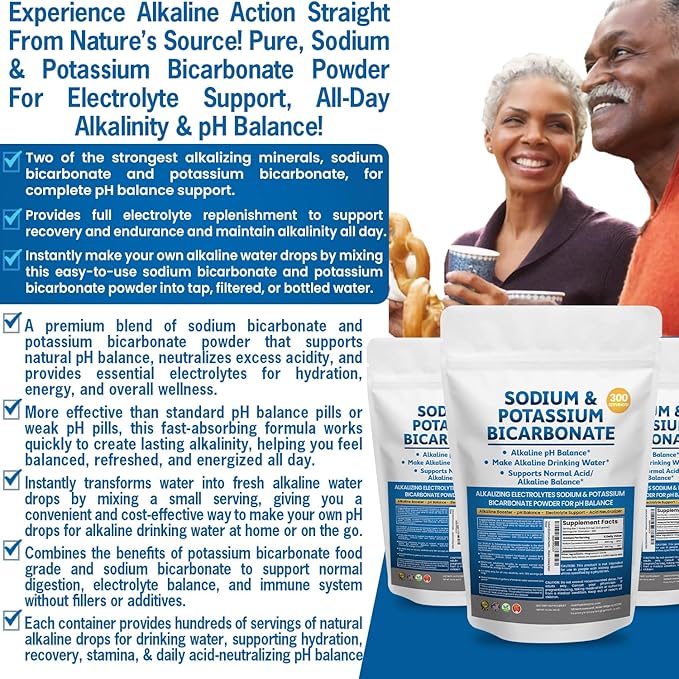 Sodium Bicarbonate Powder & Potassium Bicarbonate Powder pH Balance Supplement. Make Gallons of Alkaline Water Drops for Acid/Alkaline pH Balance, Stomach Immune Performance. Alkaline Drinking Water