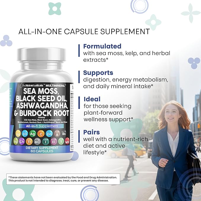 Clean Nutraceuticals Sea Moss Black Seed Oil Ashwagandha Turmeric Bladderwrack Burdock & Vitamin C Vitamin D3 with Elderberry Manuka Dandelion Yellow Dock Iodine Chlorophyll ACV - 2Pack (Pack of 2)